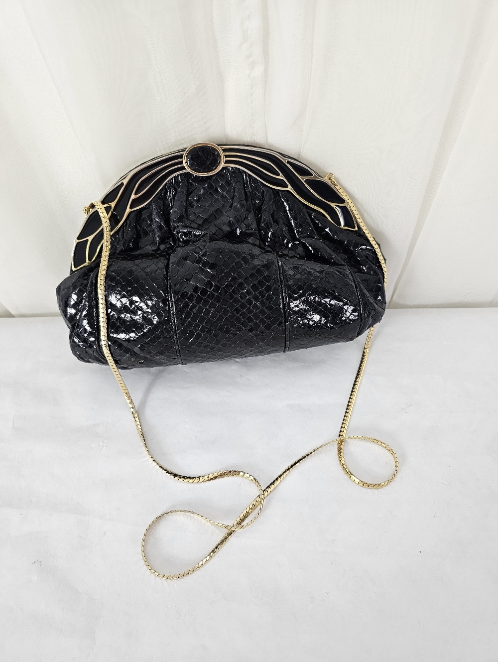 VINTAGE Finesse La Model Black Snakeskin Art Deco Convertible Clutch Glam Luxury